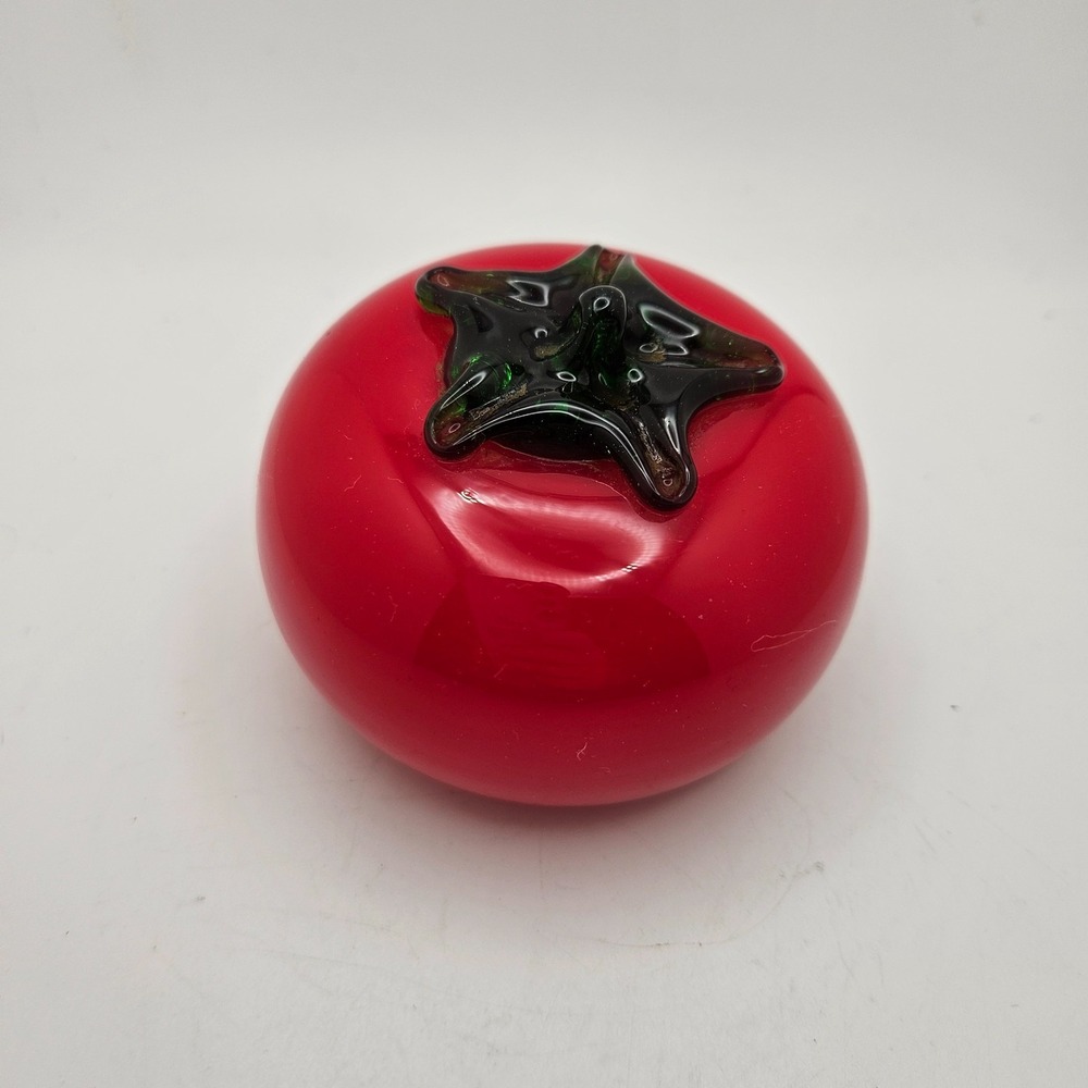 Hand Blown Art Glass Tomato Paperweight Red Green Stem Decorative Collectible 3"